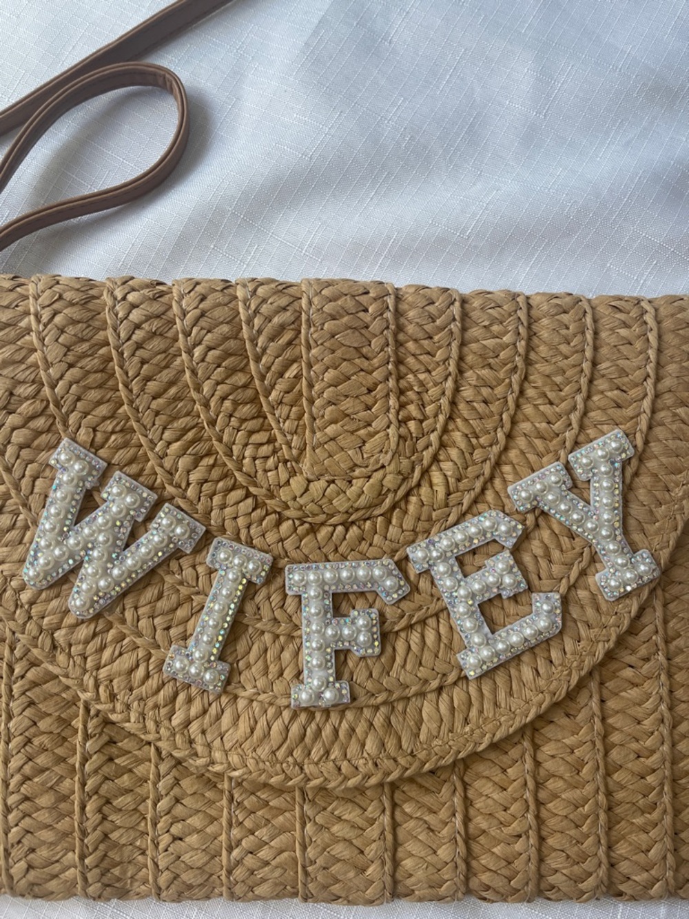 Wifey Embellished Straw Crossbody Bag in Tan - Picture 5 of 5